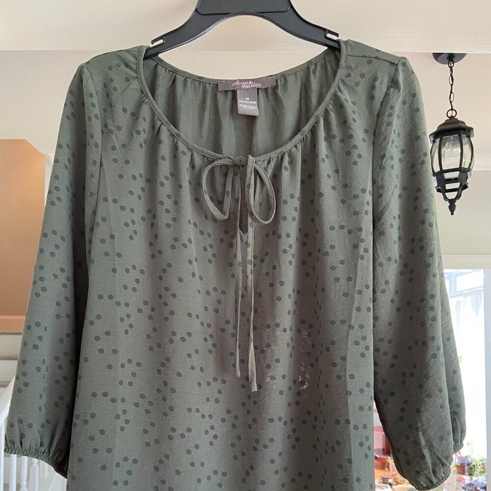 Olive green with black dots women's tie-front blouse